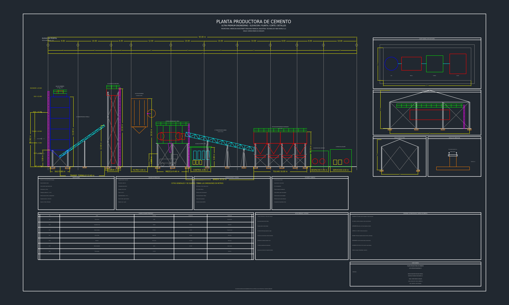 PLANO AUTOCAD DE PLANTA PRODUCTORA DE CEMENTO Descarga nuestro moderno plano industrial Ultra Premium, desarrollado con medidas, cotas, elevación frontal, planta general, corte transversal, silos, tolvas, transportadores, cimentaciones, equipos y especificaciones técnicas.